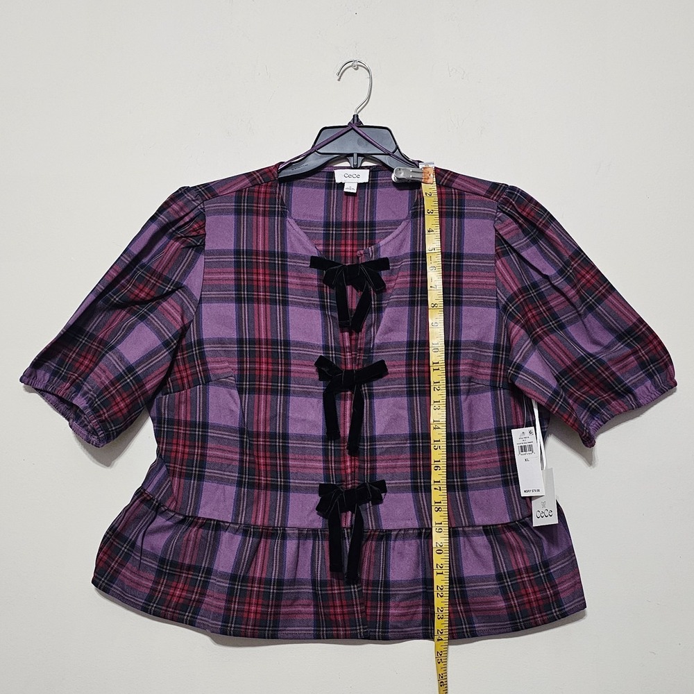 Cece Women's Top Blouse XL Purple Plaid Puff Short Sleeves Front Bow Tie 1102 - Picture 3 of 7